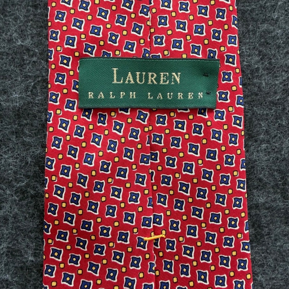 Lauren Ralph Lauren Red Preppy Geometric Silk Tie Hand Finished Made in USA